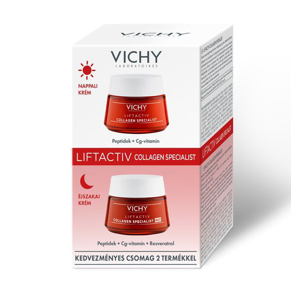 Csomag:Vichy Liftactiv Collagen Specialist Komplex öregedésgátló  nappali és éjszakai arckréma kollagénhiány jelei ellen 50ml +50 ml képe